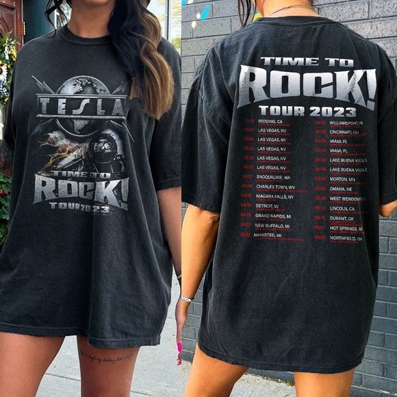 Gildan Tops Tesla Time To Rock Tour 223 Both Sides Shirt Rock Band